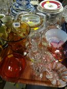Quantity of mixed glassware including cranberry glass, vaseline glass etc