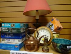 Kitchen clock, lamp, copper kettle, sundry pottery, jigsaw puzzles etc