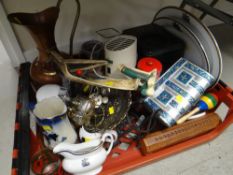 Crate of various household items including filter coffee machine, decorated metal jewellery box,