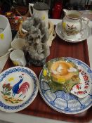 Reproduction Llanelly-style cockerel plate, a soapstone carving and sundry china