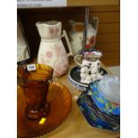 Quantity of mixed pottery, glass dishes, Masons jug, pair of miniature Beswick spaniels etc