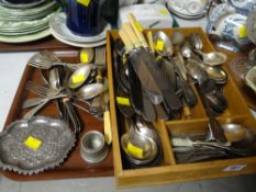 Cutlery tray and quantity of mixed cutlery, an Indian white metal dish etc