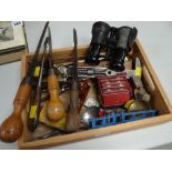 Parcel of vintage tools, binoculars, diecast models etc