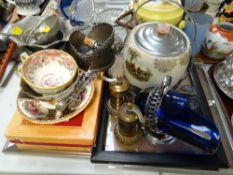 Parcel of mixed items including biscuit barrel, Persian style metallic pepper grinders etc
