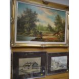 Large gilt framed oil on canvas - woodland scene together with two signed framed watercolours -