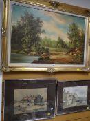 Large gilt framed oil on canvas - woodland scene together with two signed framed watercolours -