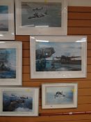 Four framed ROBERT TAYLOR aviation prints, some signed including Sea Harrier, Bomber's Moon, The