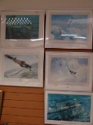 Five framed ROBERT TAYLOR World War II RAF plane prints, some signed including Battle of Britain VC,