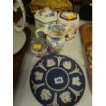 Three items of Masons pottery, Wedgwood Jasperware plate etc