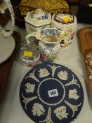 Three items of Masons pottery, Wedgwood Jasperware plate etc
