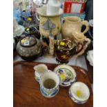 Sundry south coast pottery items, various teapots, pottery stein, Portmeirion rolling pin etc