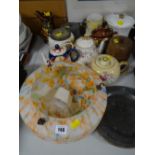 Quantity of mixed pottery, mottled glass ceiling shade, pewter plate etc