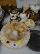 Quantity of mixed pottery, mottled glass ceiling shade, pewter plate etc