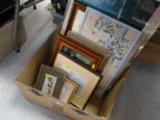 Box of framed paintings and prints