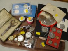 Parcel of coinage, pocket watches, lady's gold encased wristwatch and a Jaguar style car mascot etc