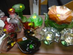 Parcel of decorative glass including carnival glass, two decorative decanters, art glass