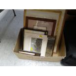 Box of framed prints and watercolours