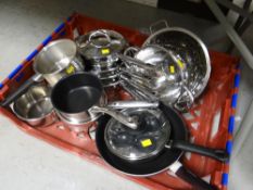 Selection of kitchen saucepans, egg poacher etc