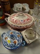 Quantity of mixed pottery including tureen, vintage biscuit barrel etc