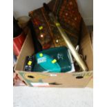 Box of household items including Indian throw