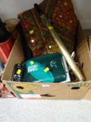Box of household items including Indian throw