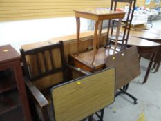 Two overbed tables, a games table, cakestand, commode etc