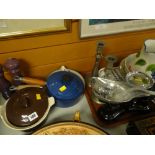 Two Le Creuset pans, a Le Creuset salt and pepper grinder set, set of kitchen scales etc