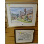 Framed watercolour by JOAN WADDELL of country cottage & farm buildings together with a framed