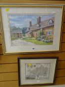 Framed watercolour by JOAN WADDELL of country cottage & farm buildings together with a framed