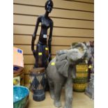 African carved figure, souvenir drum, carved elephant