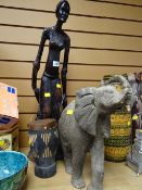African carved figure, souvenir drum, carved elephant