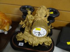 Antique French gilt metal Rococo style clock with garniture vases