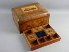 A VICTORIAN WALNUT & TUNBRIDGE WARE DECORATED WORKBOX, the lidded top boxwood strung in the form