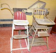 AN OLD FOUR WHEELED COACH BUILT BABY'S PRAM with hood etc, a child's wooden high chair and a retro