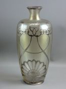 A LOETZ STYLE SILVER OVERLAID IRIDESCENT GLASS VASE, tapering ribbed body with shouldered waisted