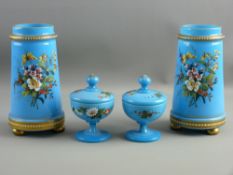 A PAIR OF VICTORIAN BLUE OPAQUE GLASS CYLINDRICAL VASES and a similarly styled pair of lidded bowls,