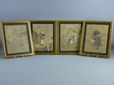ORIENTAL SCHOOL set of four fine prints on silk - each depicting figures in the countryside, all