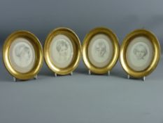 A SET OF FOUR PRINTS of pencil head and shoulders portraits of four young girls in oval gilt frames,