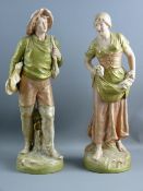 A PAIR OF ROYAL DUX STANDING FIGURES, one of a young fisherman, the other a harvest gathering