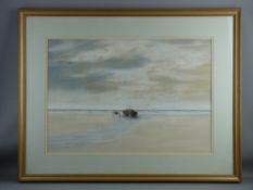 J SCOTT pastel - expansive seascape with beached boat and figures, signed, 46 x 67 cms