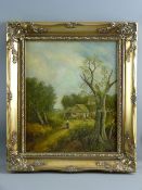 JOSEPH THORS oil on canvas - rural scene with farmstead and figure on a path with poultry, signed,