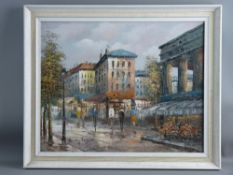 HARRY ROGERS contemporary oil on canvas - wet Parisian street scene with pedestrians, signed, 40 x