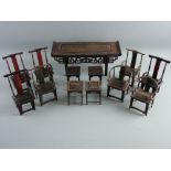 A SUITE OF CHINESE MINIATURE HARDWOOD FURNITURE to include an altar table with pierced fretwork