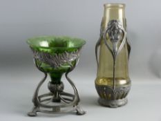 TWO ART NOUVEAU METAL & GLASS VASES, one in the form of a semi-suspended bowl held aloft by a spread