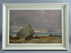 ROBERT JONES (of Llandudno) oil on canvas - coastal scene with rocks and distant ships, signed, 29 x