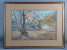 JAMES AITKEN watercolour - woodland glade with figure of lady collecting fire wood, signed, 33 x