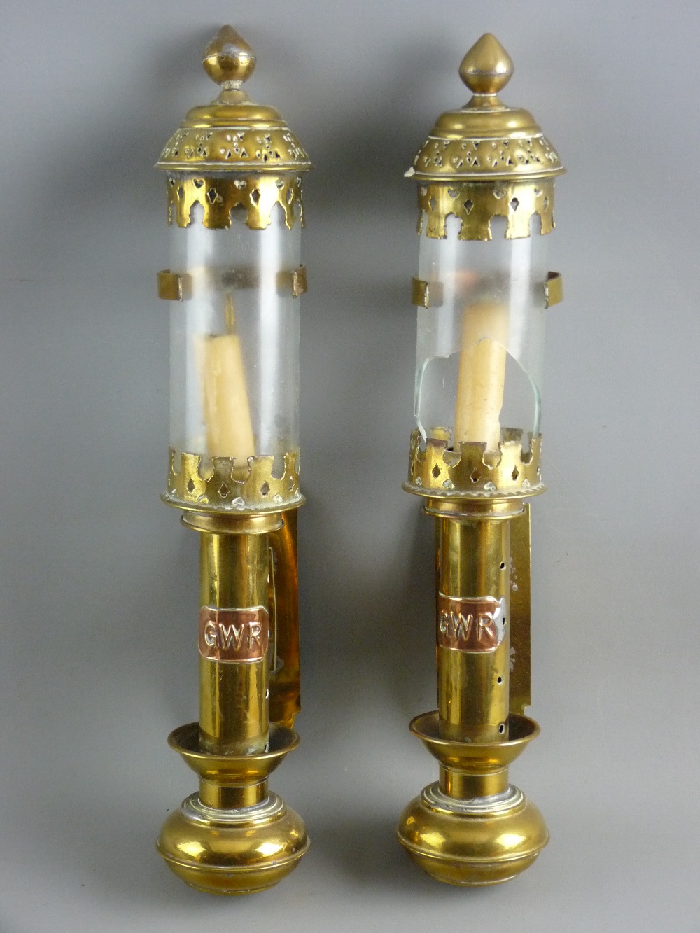 RAILWAYANA - a pair of brass Great Western Railway candle lamps with plain glass shades (one broken,