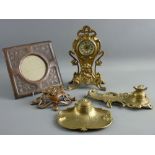 A GROUP OF ART NOUVEAU DESKTOP ITEMS in brass, bronze and copper including a clock and inkwell in