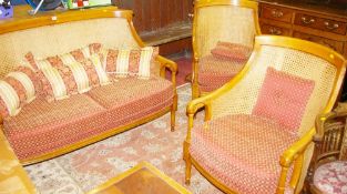 AN EXCELLENT REPRODUCTION CHERRY WOOD DOUBLE BERGERE THREE PIECE SUITE with knurled arm decoration
