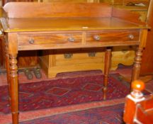 A VICTORIAN MAHOGANY TWO DRAWER SIDE TABLE with shaped rail sides and back on turned and carved